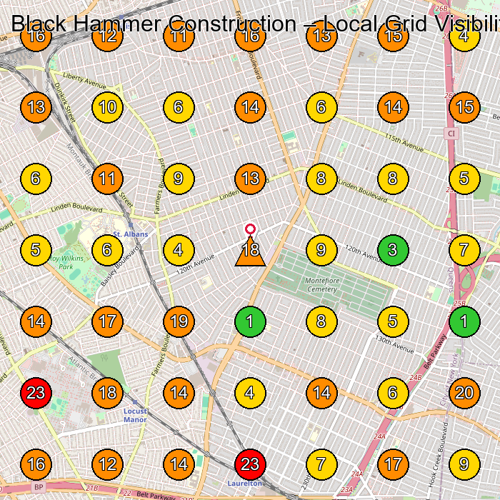 Black Hammer Construction Custom Home Builder GeoGrid ranking map for Queens NY